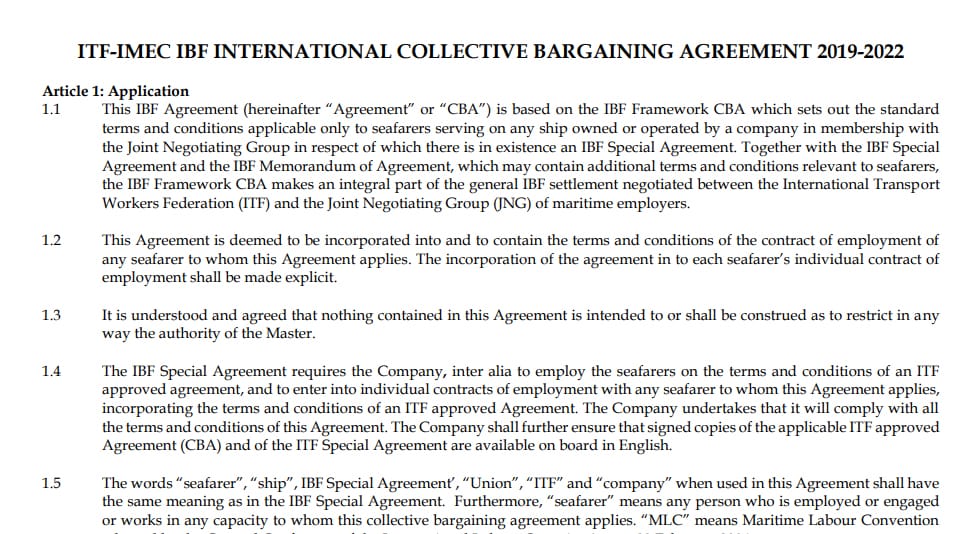 An example of Collective Bargaining Agreement between ITF and IMEC.