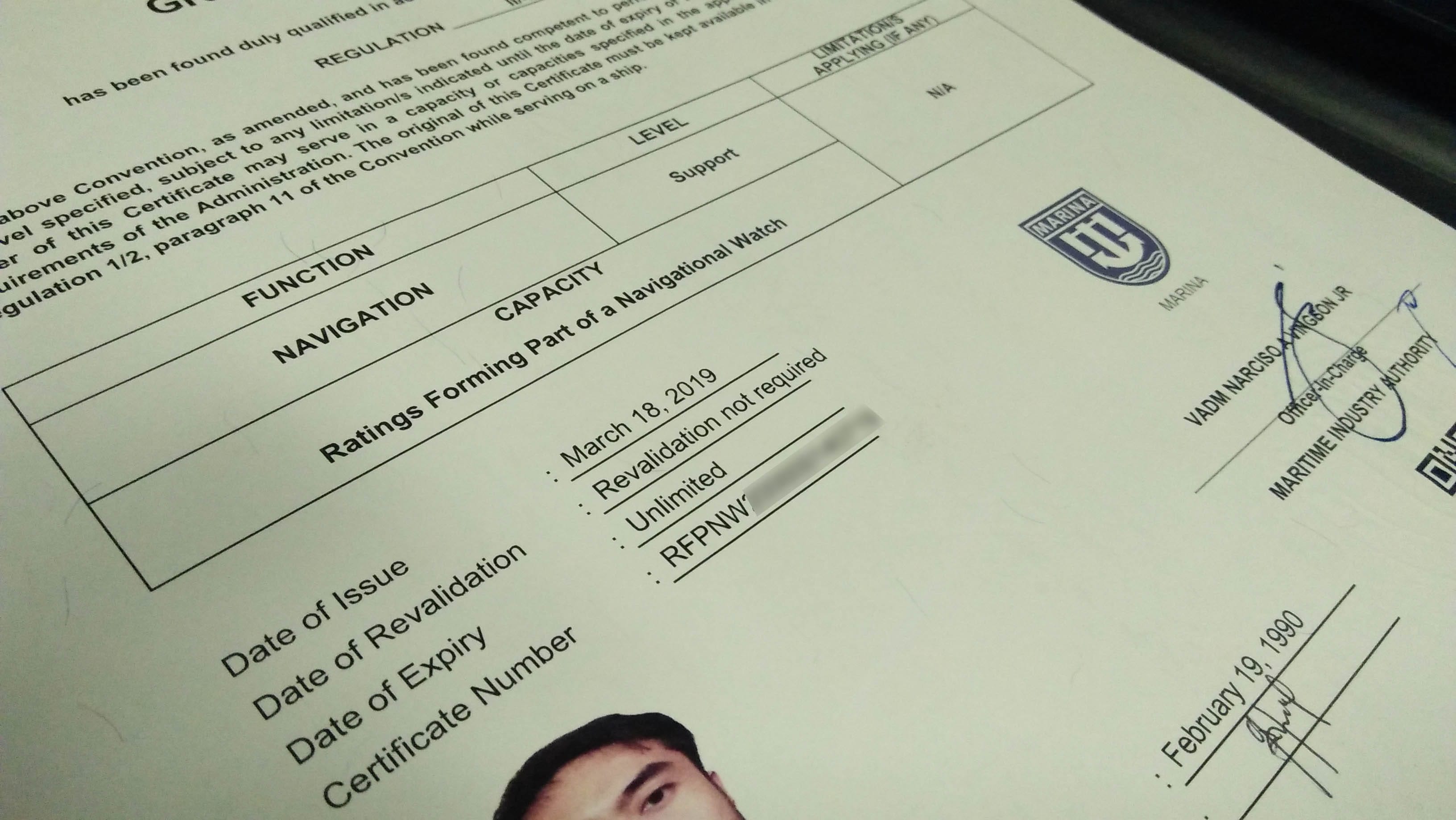 COP of Ratings Forming Part of Navigational Watch (RFPNW) II/4 showing date of issue, revalidation, expiry, and certificate number.