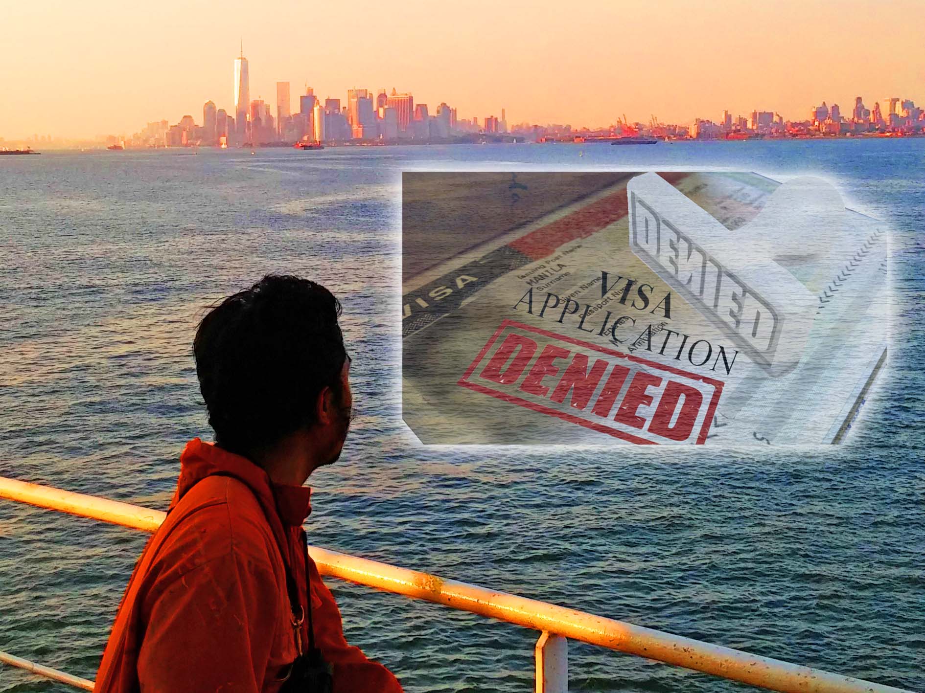 A seafarer looking at the skyscrapers from a distance while their ship is on the anchorage.