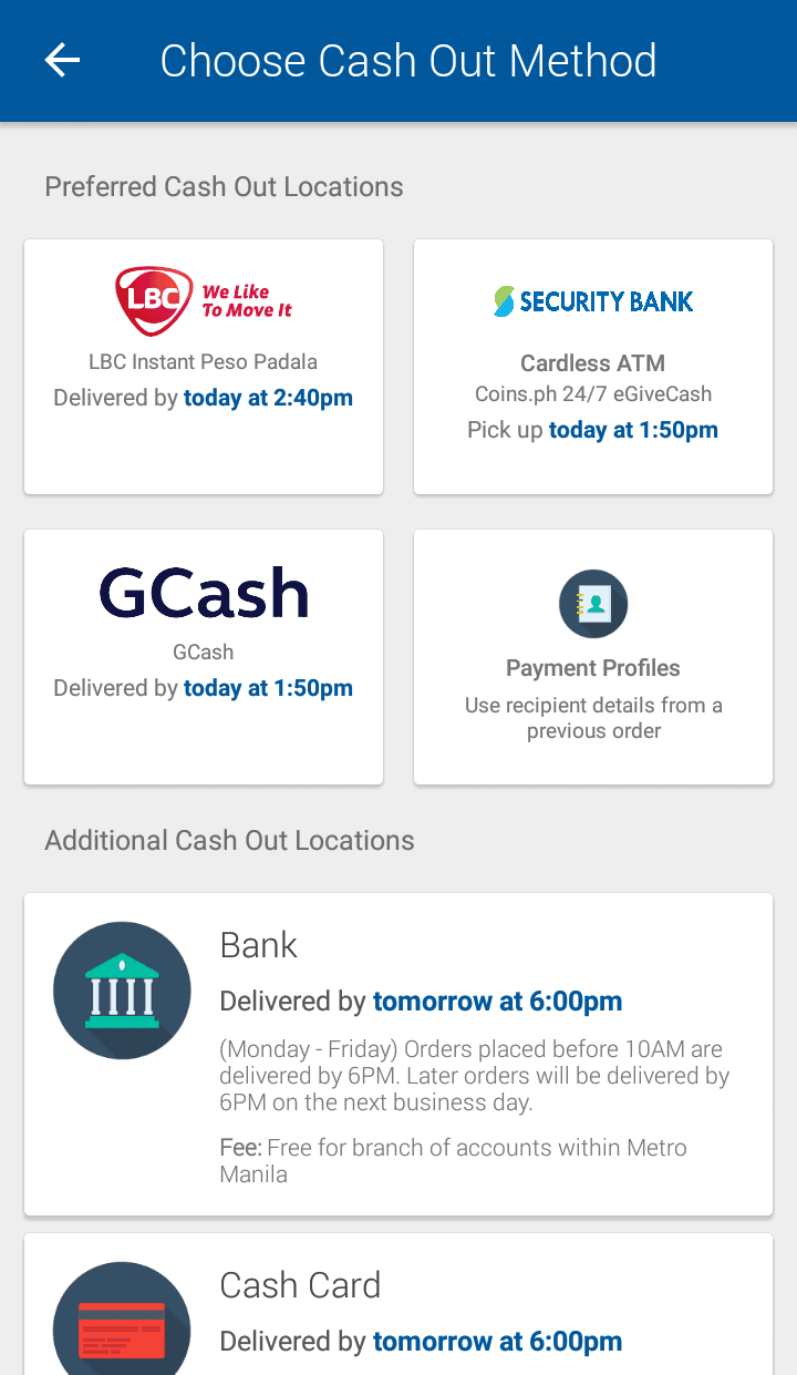 Coins.ph Cash out method: GCash, Security Bank, LBC, other banks, Cash Card.