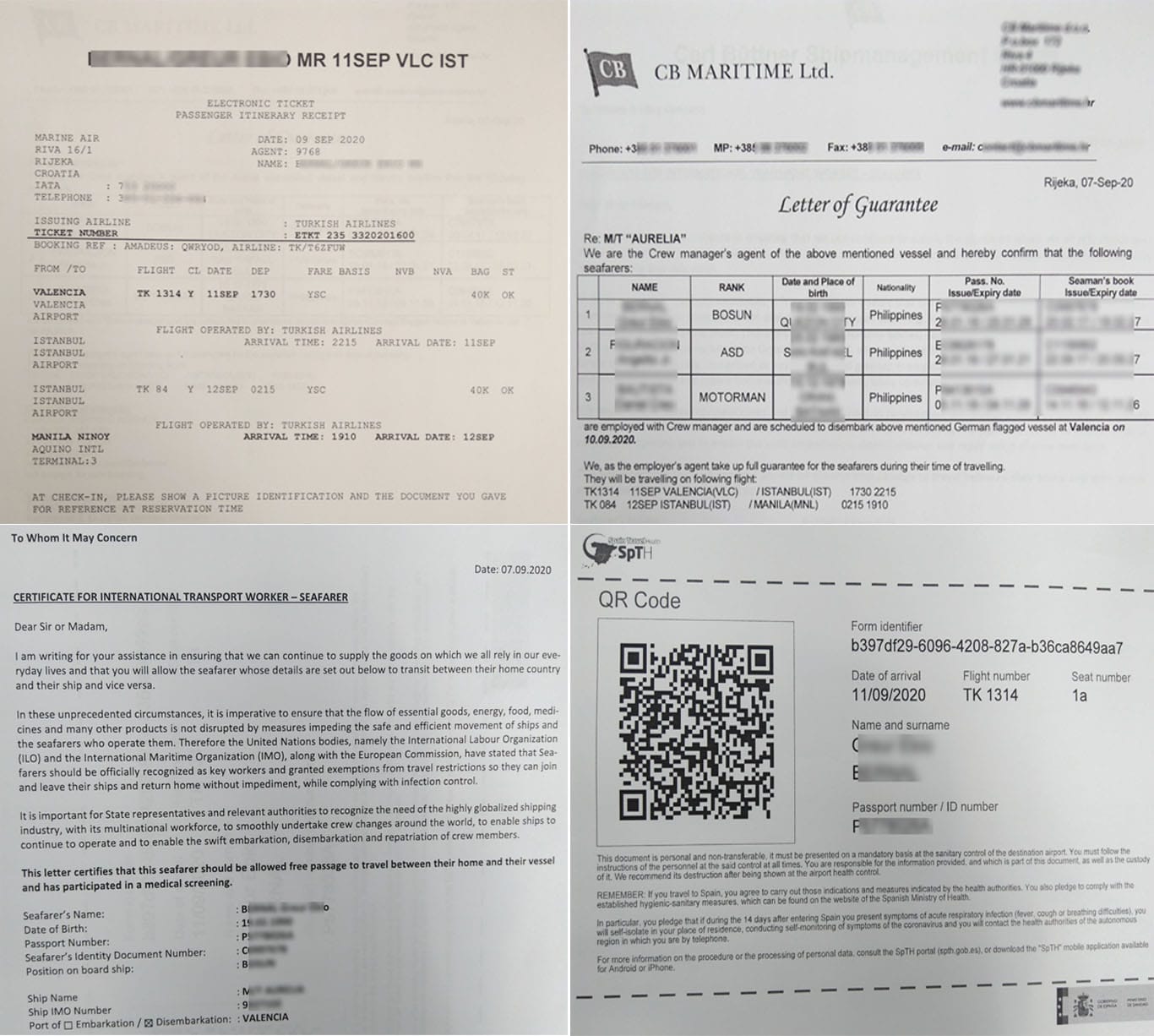 Crew change requirement in Valencia Spain: Flight Itinerary, Letter of Guarantee, Letter from ITF, SpTH Certificate from Spain.