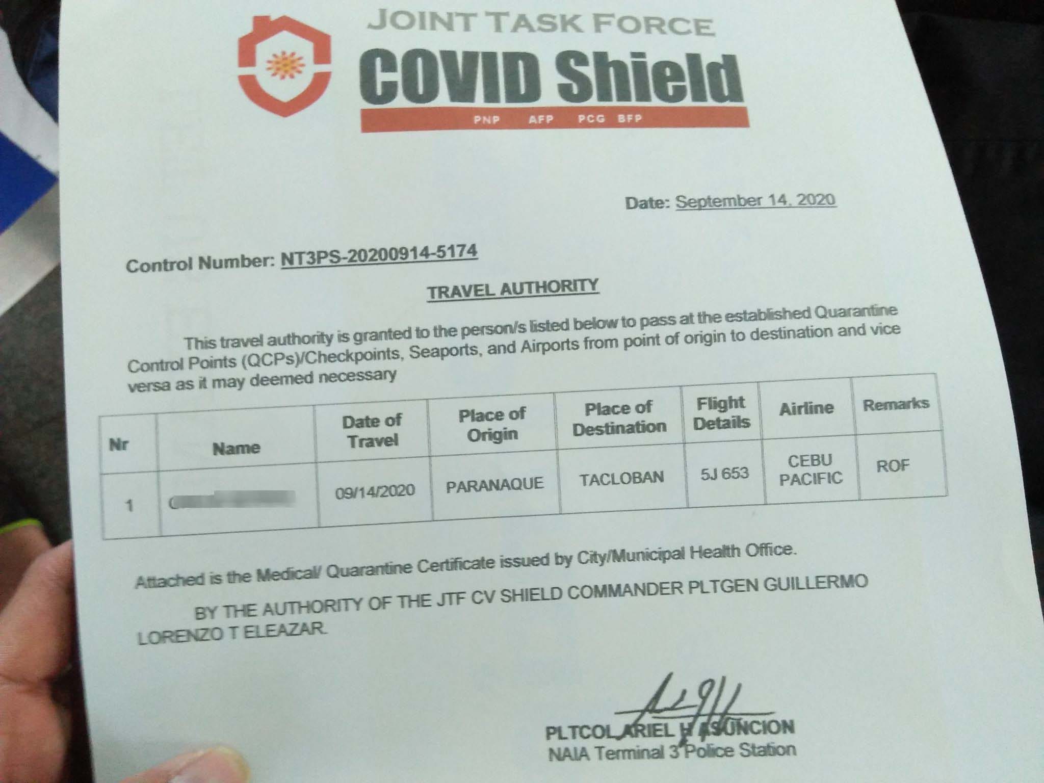 Travel Authority Certificate