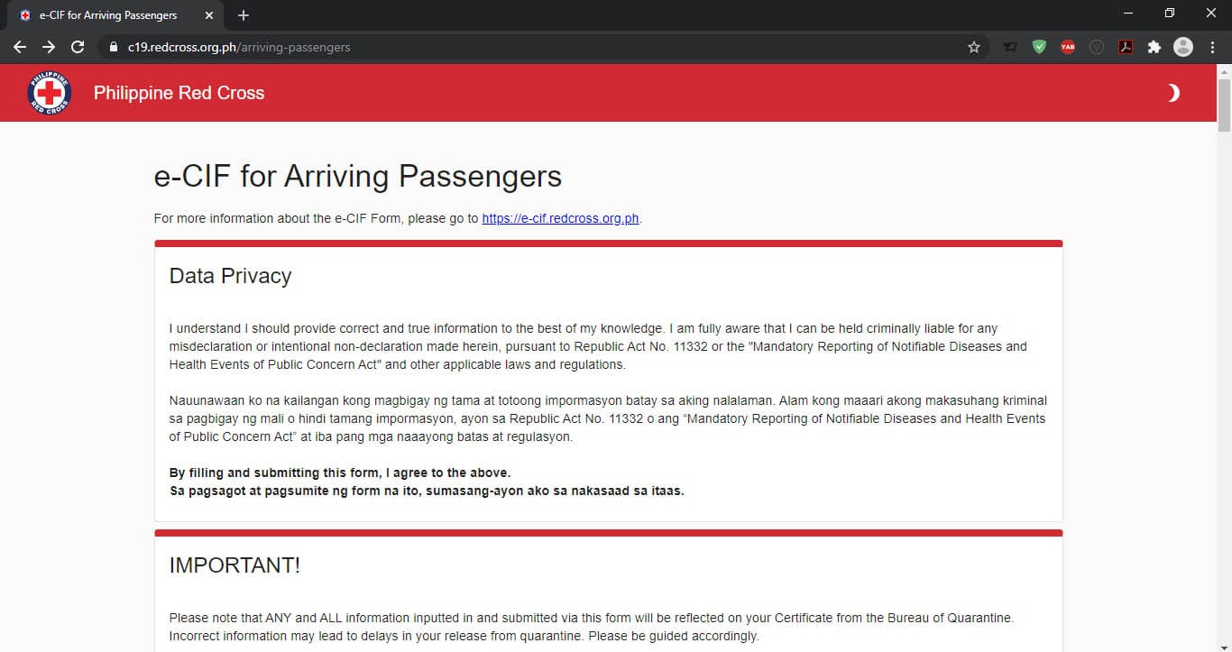Red Cross online e-CIF for Arriving Passengers