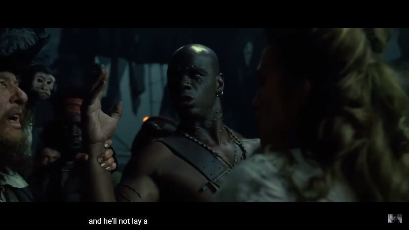 Pirates of the Caribbean The Curse of the Black Pearl Bosun slapping Elizabeth Swann but stopped by Barbossa.