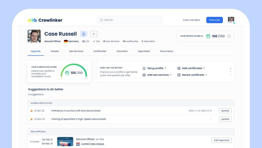 Applicant profile dashboard of CrewLinker.