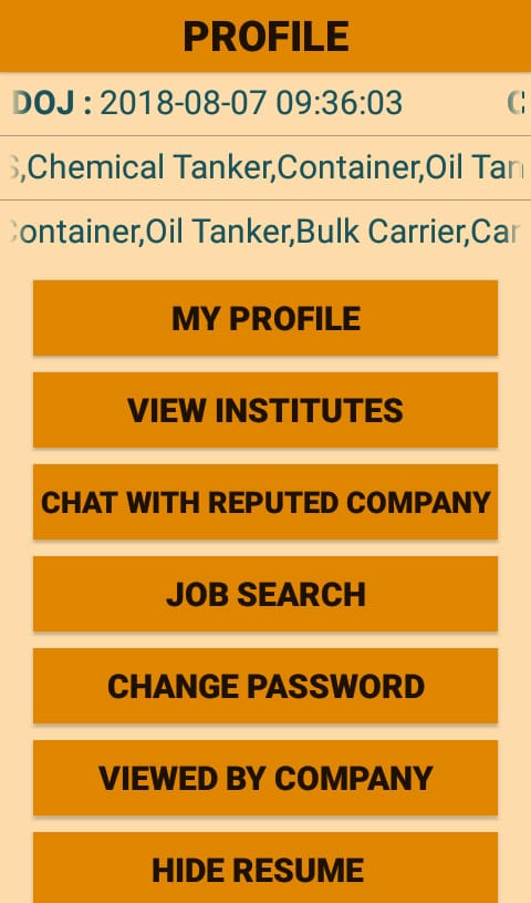 Profile dashboard in SeaJob App.