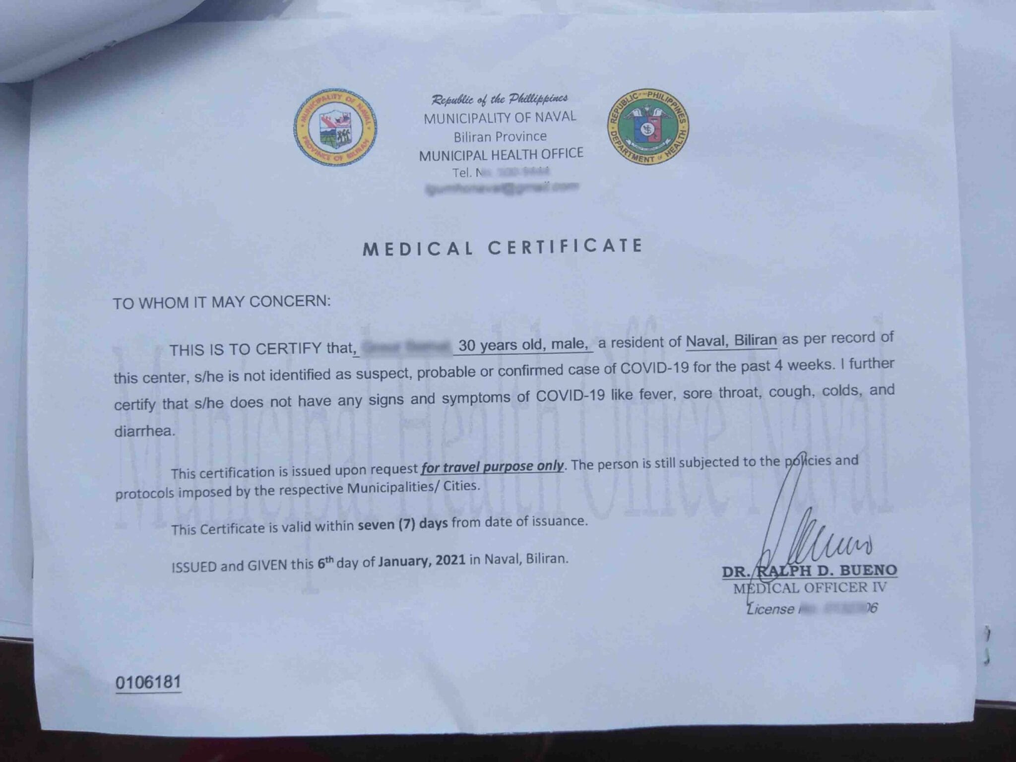 Medical Certificate from the municipal health office proving that I have no COVID-19.