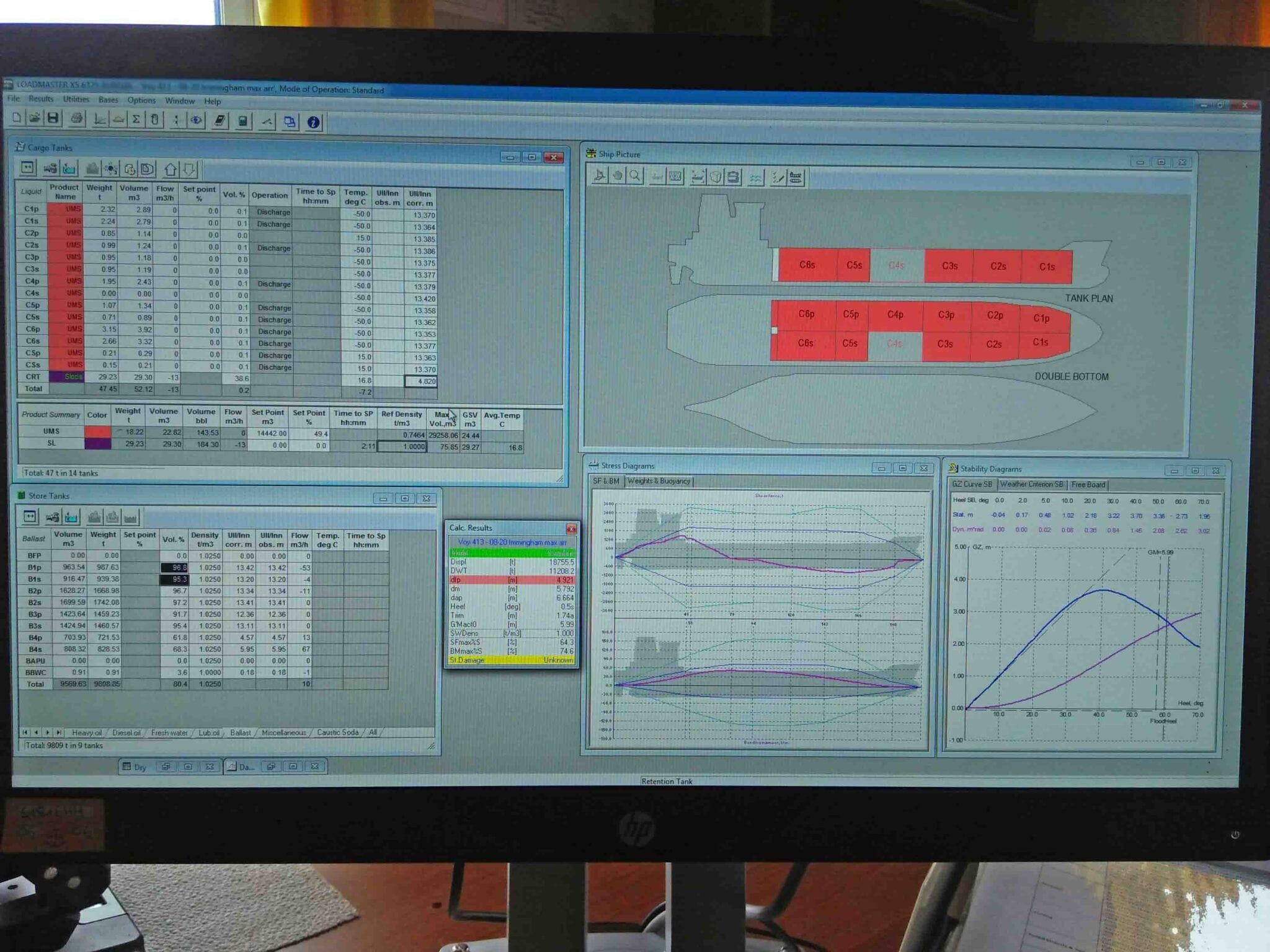 Chief Officer's Cargo Computer inside the CCR showing the vessel's bending moments and shear forces.
