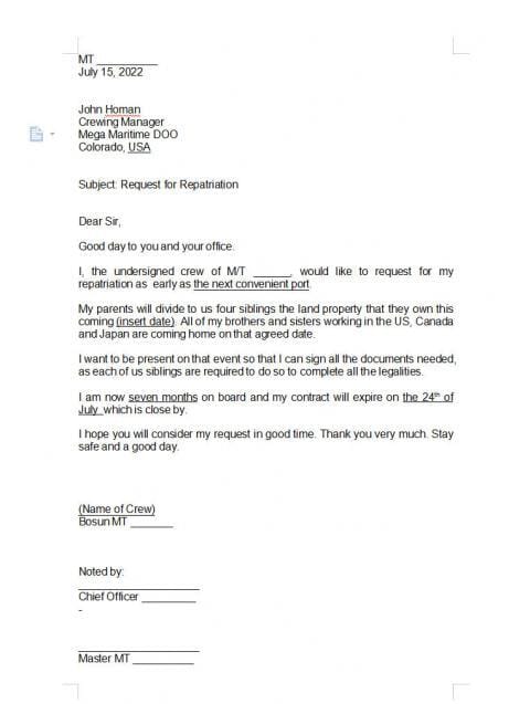 Repatriation Contract Sample Letters of Repatriation, Extension, & Early Vacation Requests ...