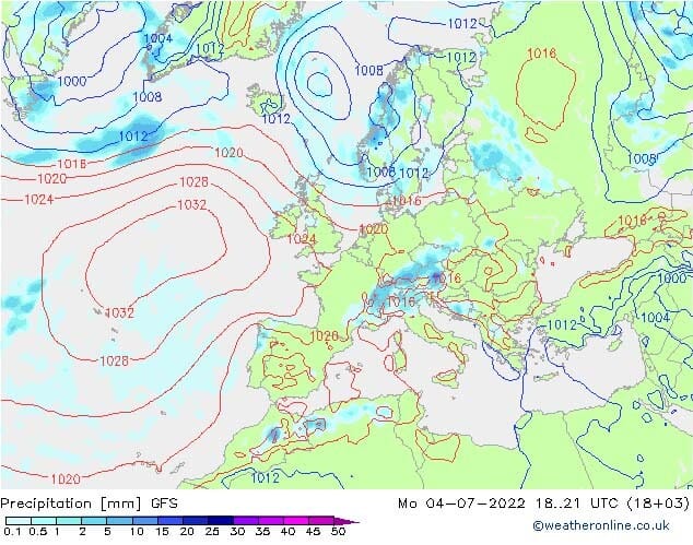 Precipitation and atmospheric pressure systems in a weather chart.