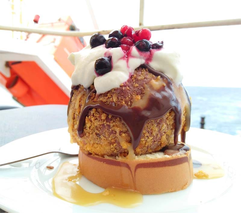 A Rocky Ice Cream Fireball on a plate eaten near the ship's lifeboat.