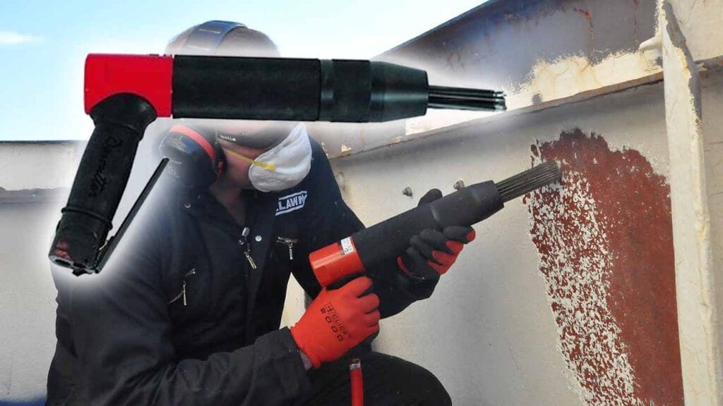 A crew wearing PPE using a needle gun scaler to chip away the rust formation on the ship's bulkhead.