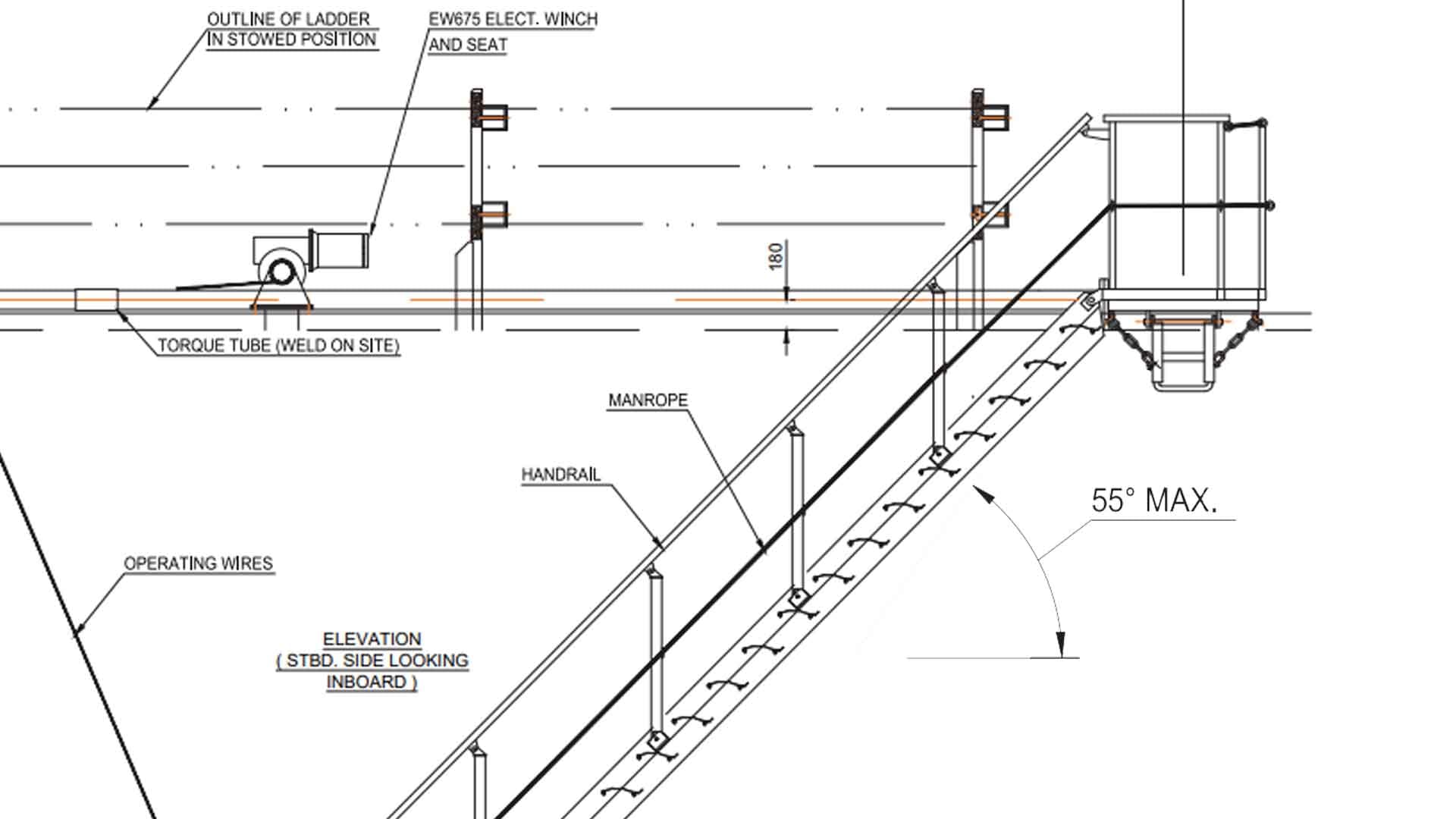 A schematic diagram showing the parts of an accommodation ladder as well as its maximum angle when rigging which is not greater than 55 degrees according to ISO regulations.