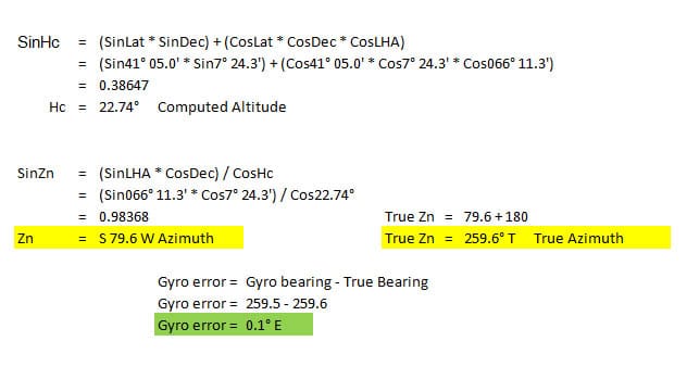 Calculating the true bearing of the star using computed altitude (Hc) in order to find the gyro error.