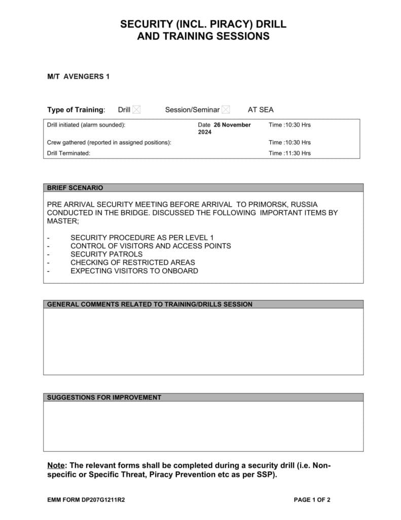 A sample of a Security Drill according to the Ship's Security Plan.