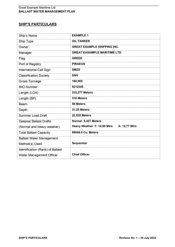 A ship's particulars intended for the Ballast Water Management Plan (BWMP).