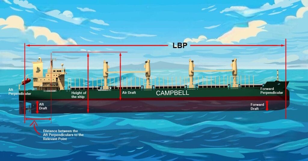 Illustrating the ship's Length between Perpendiculars, forward and aft drafts, height of the vessel and the distance between the aft perpendiculars to the relevant point.