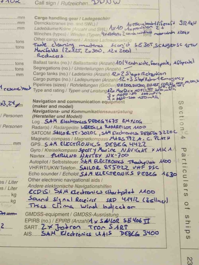A Trainign record Book (TRB) containing the ship's particulars written by hand.
