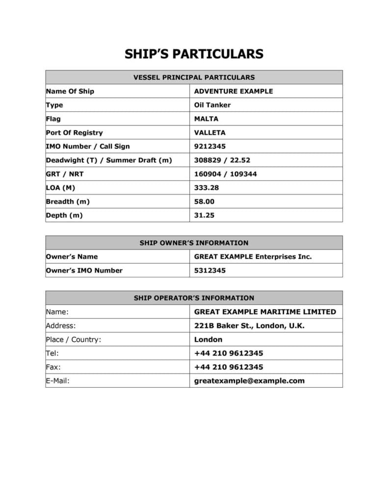 A document containing the information about the vessel principal particulars, shipowner's information, and ship operator's information.