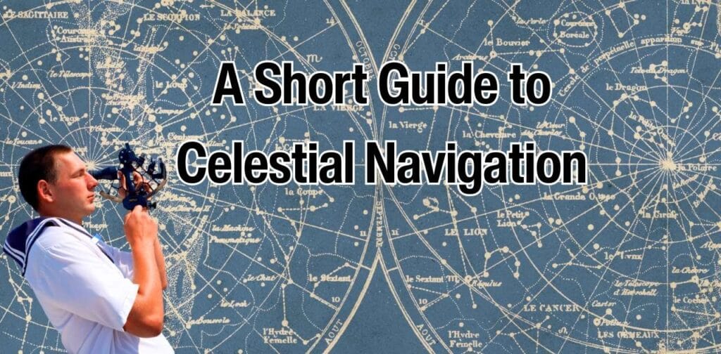 A seaman using a sextant on various sky constellations as the background for the book about Celestial Navigation.
