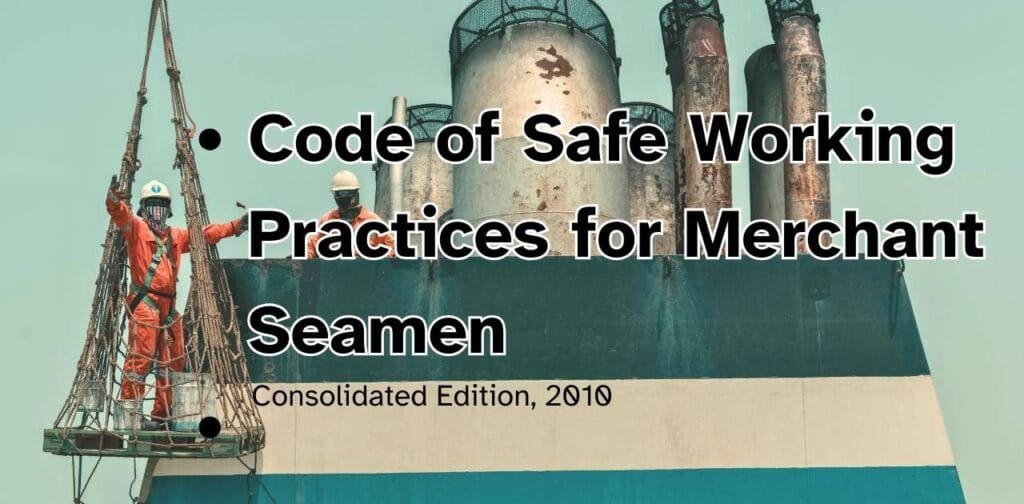 Seafarers working on the ship's funnel as the background for the book title, The Best Seamanship Skills.