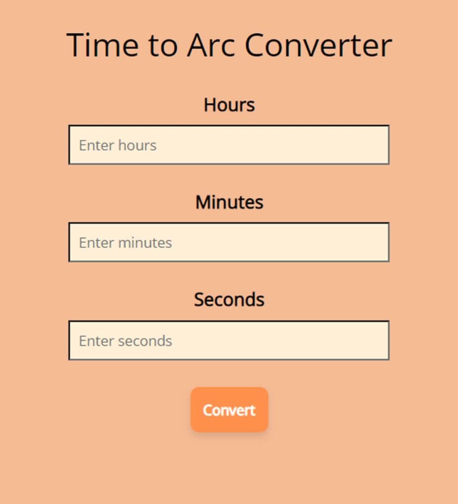 Converter of time in hours minutes and seconds to its equivalent Arc in degrees, minutes, and seconds.