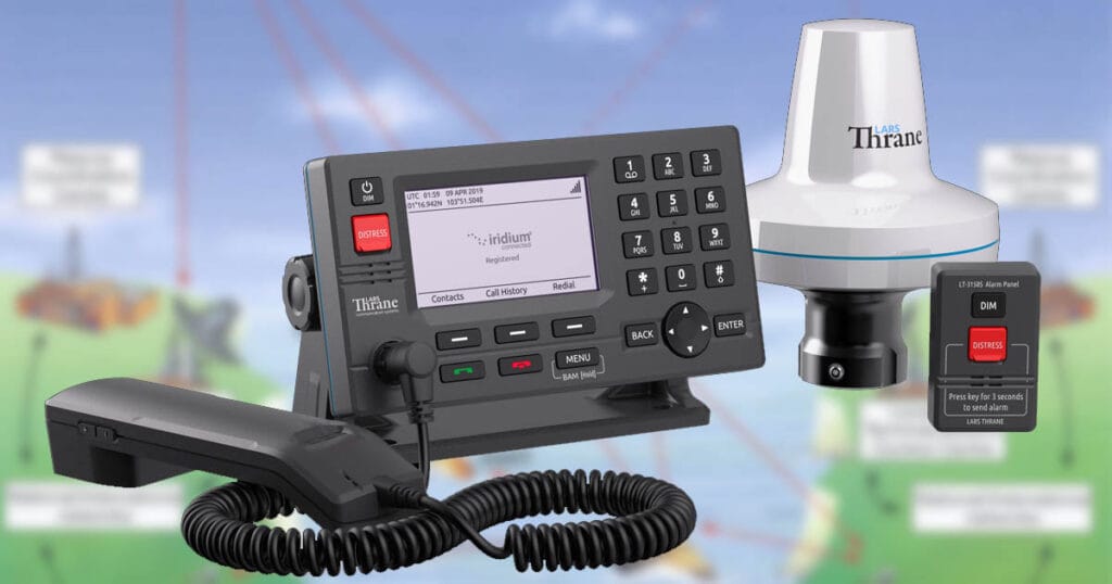 A Long Range Identification and Tracking (LRIT) equipment consisting of an antenna, a red distress button, a console with numerical and various buttons, and a handset.