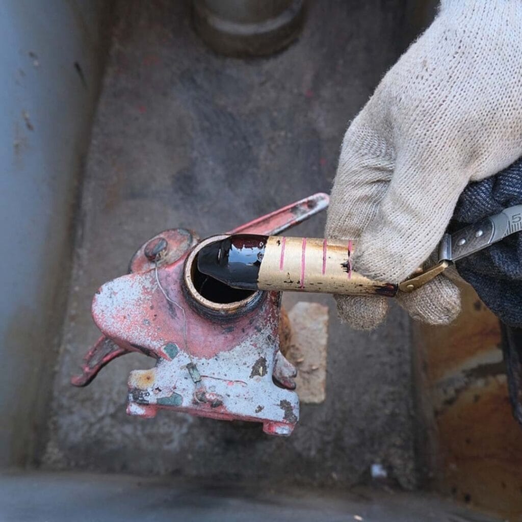 Checking the sounding of a tank using a sounding tape with black fuel oil marking the sounding lead.