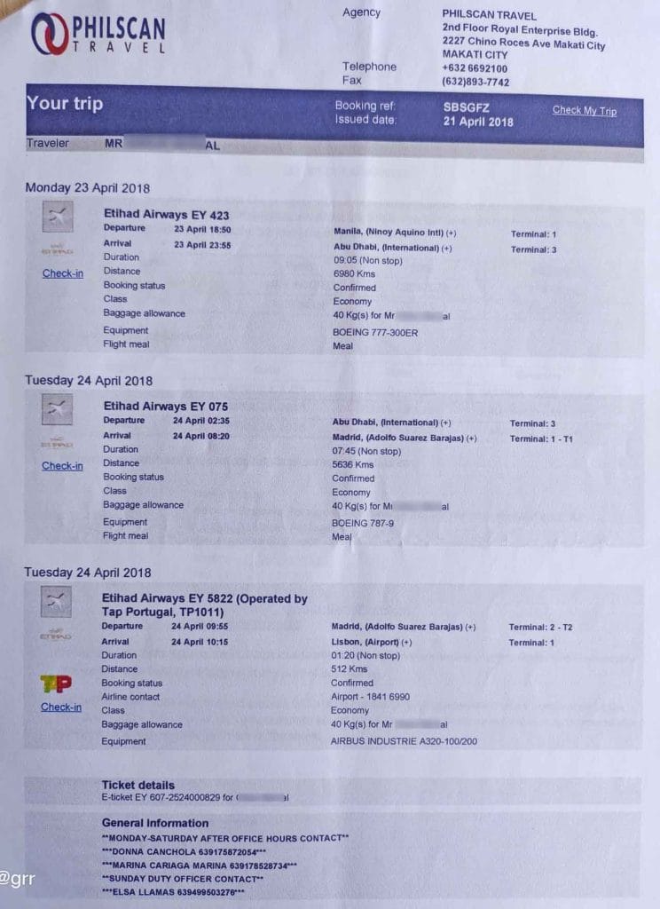 Flight itinerary from the port of origin to the port of arrival for joining the ship.