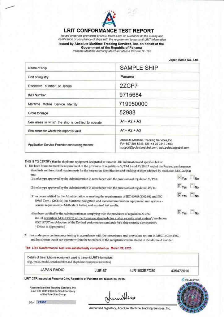 A Sample of an actual LRIT Conformance Test Report made by Pole Star Global.