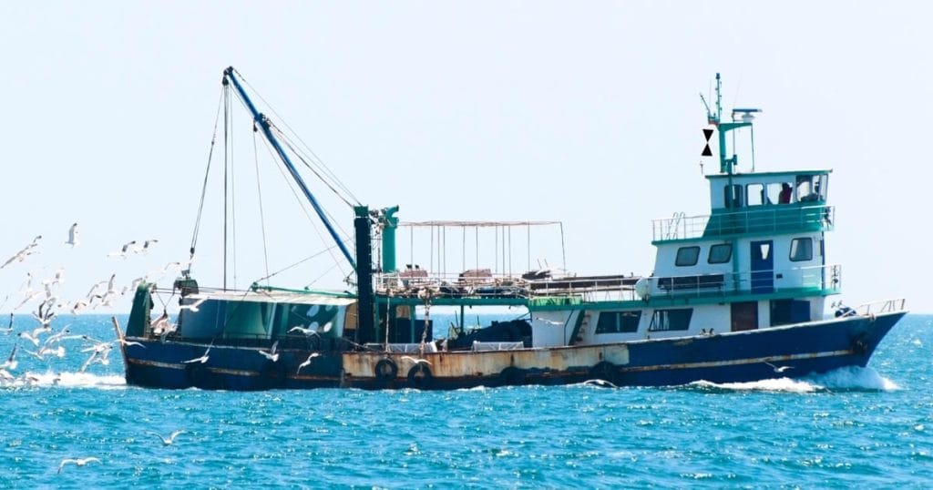 An actual fishing vessel showing a day shape of two cones with their apexes together.