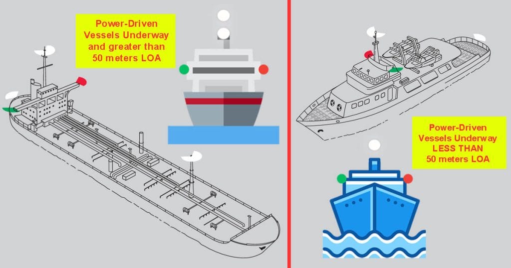 Power driven vessels underway showing different light signals- one with a single masthead light and another has two.