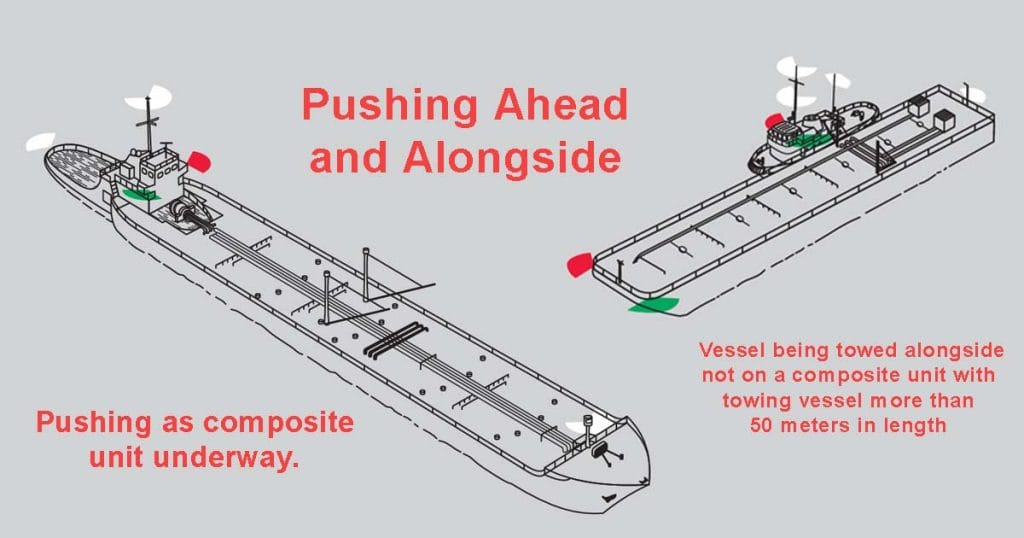 Towing vessels pushing ahead and alongside each showing navigational lights and light signals combinations.