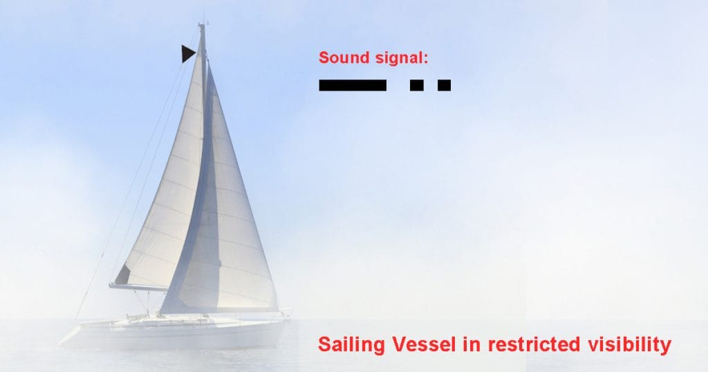 A sailing vessel navigating on a thick fog.
