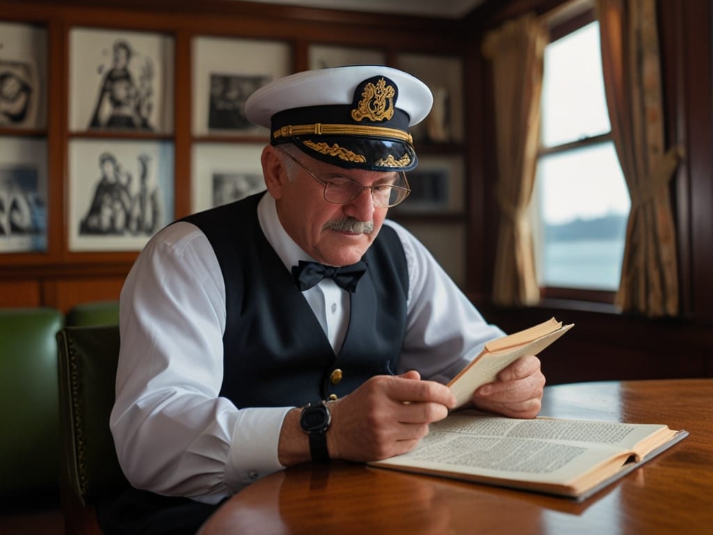 A master mariner reading a book while sitting in his office.