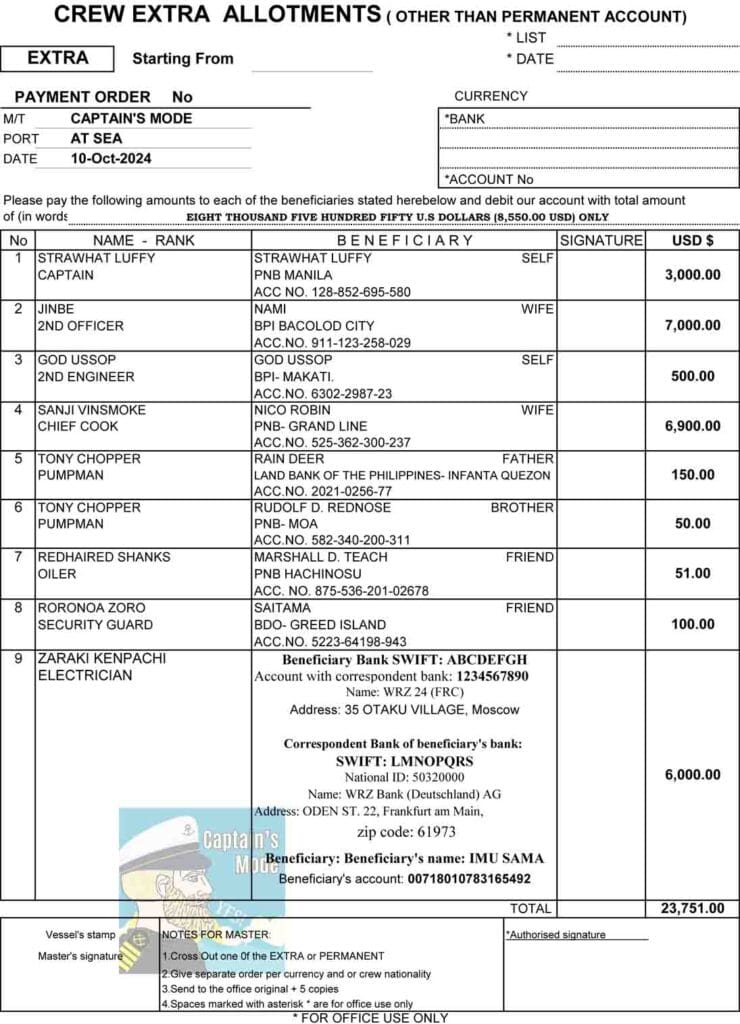 A filled in form for Master's Payment Order (MPO).