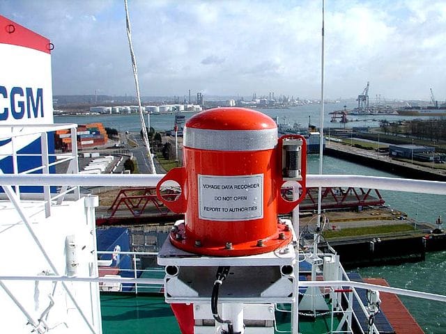 A VDR with orange canister installed on the ship's monkey island.